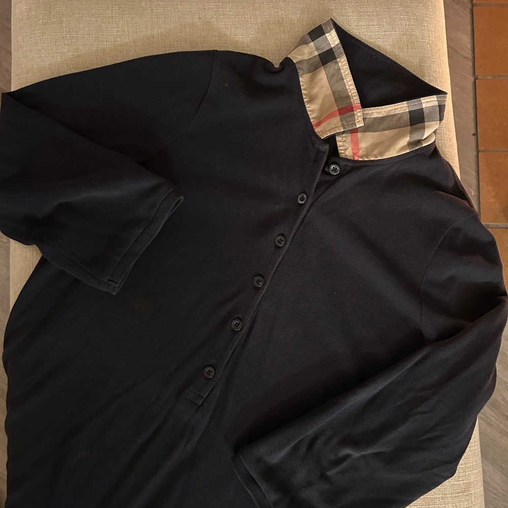 Burberry Navy Blouse with Check Collar